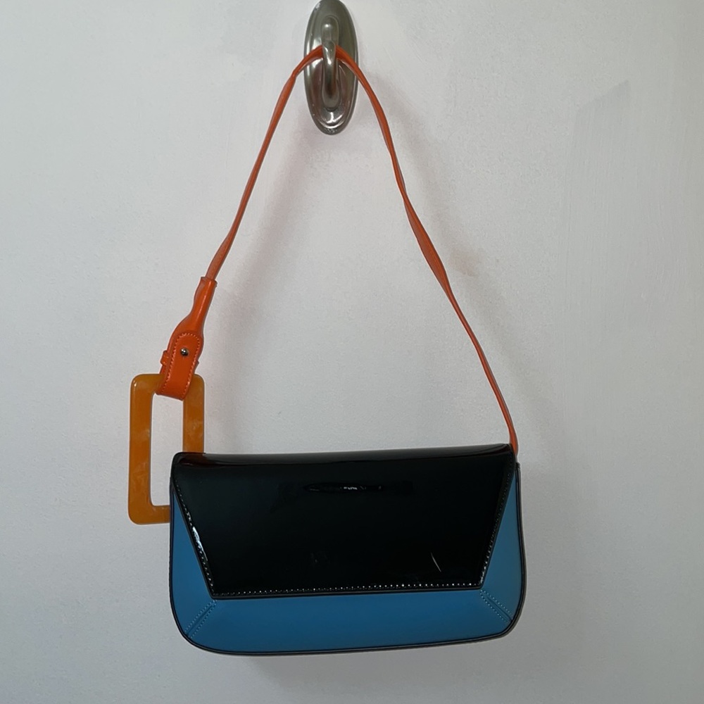Patent Shoulder Bag Orange Strap Blue Black Gloss Modern Retro Statement Purse